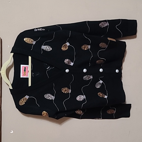 Tipsyelves cardigan with gold and silver sequin light bulbs Christmas. Medium - Picture 1 of 4